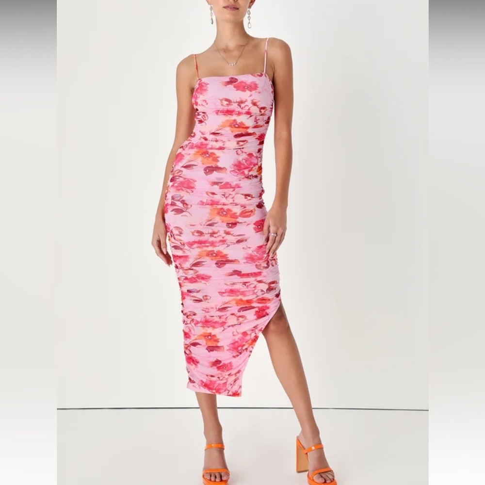 Lulus Stun and Only Pink Floral Print Ruched Mesh Bodycon Midi Dress